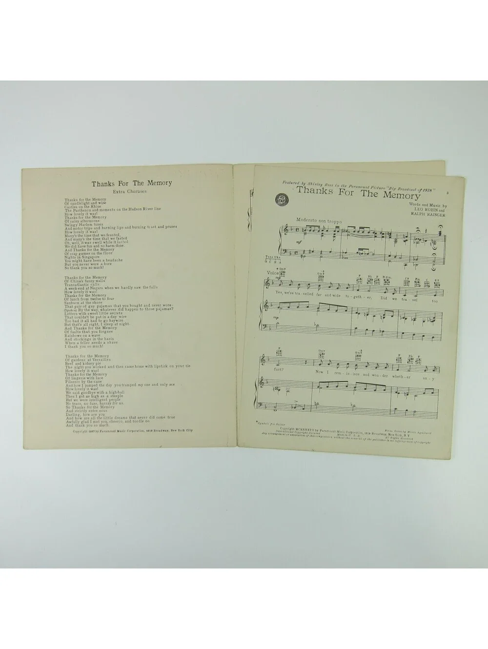 Sheet Music Thanks For The Memory The Big Broadcast of 1938 Shirley Ross Vintage